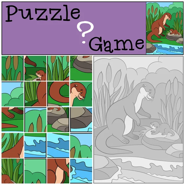 Education game: Puzzle. Mother otter with her baby. — Stock vektor