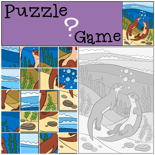 Education game: Puzzle. Two little cute otters swim. — Stock vektor