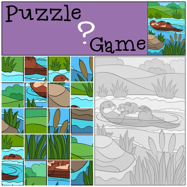 Education game: Puzzle. Mother otter swims with baby. — Stockový vektor