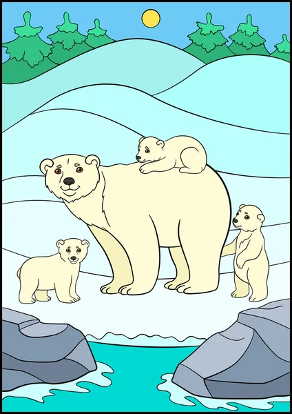 Cartoon animals. Mother bear with her little cute babies. — Stock Vector