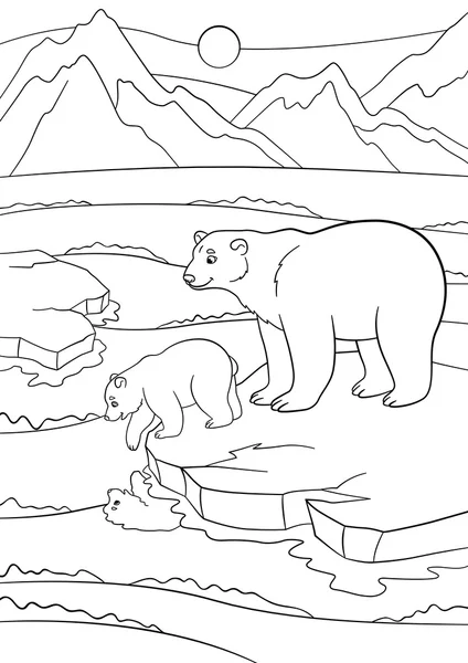 Coloring pages. Mother polar bear with her baby. — Stock vektor
