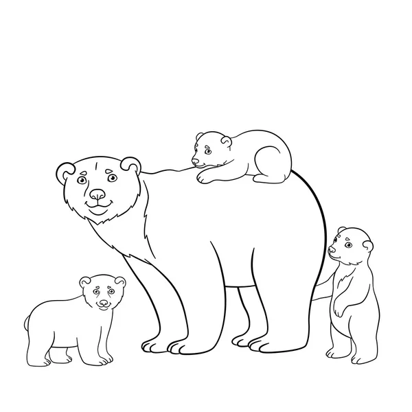 Coloring pages. Mother polar bear with hercute babies. — Stock vektor