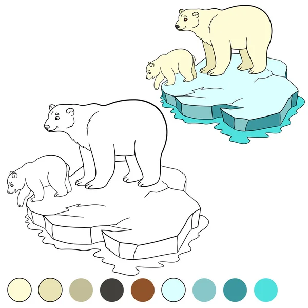 Coloring page. Mother polar bear with her cute baby. — ストックベクタ