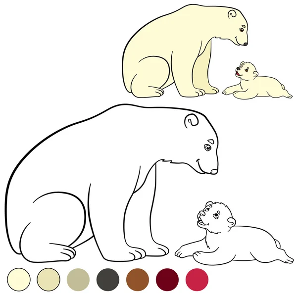 Coloring page. Mother polar bear with her cute baby. — Stockový vektor
