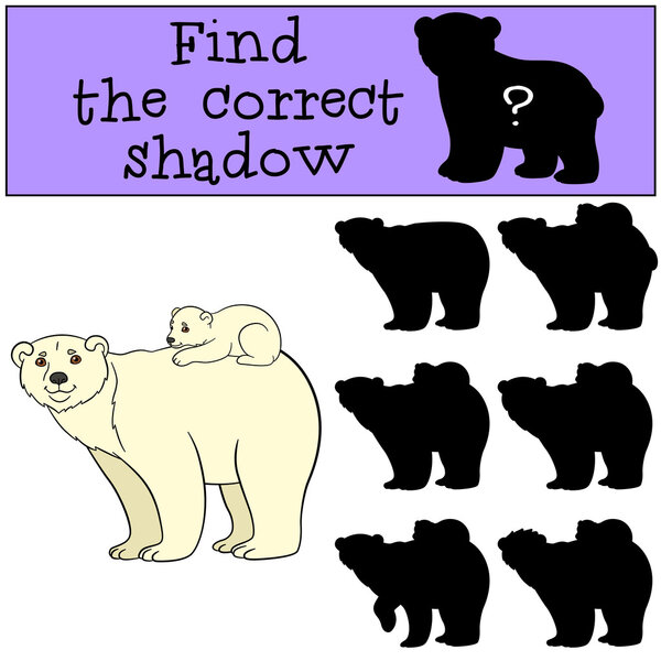 Educational game: Find correct shadow. Mother polar bear with ba