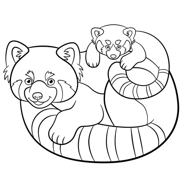 Páginas para colorear. Madre panda roja con su bebé . — Vector de stock