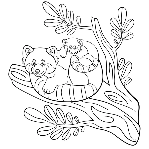 Páginas para colorear. Madre panda roja con su lindo bebé . — Vector de stock