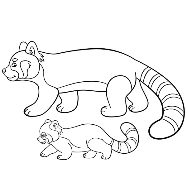 Páginas para colorear. Madre panda roja camina con su bebé . — Vector de stock