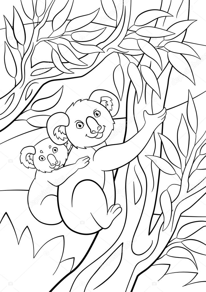 Coloring pages. Mother koala with her little cute baby.