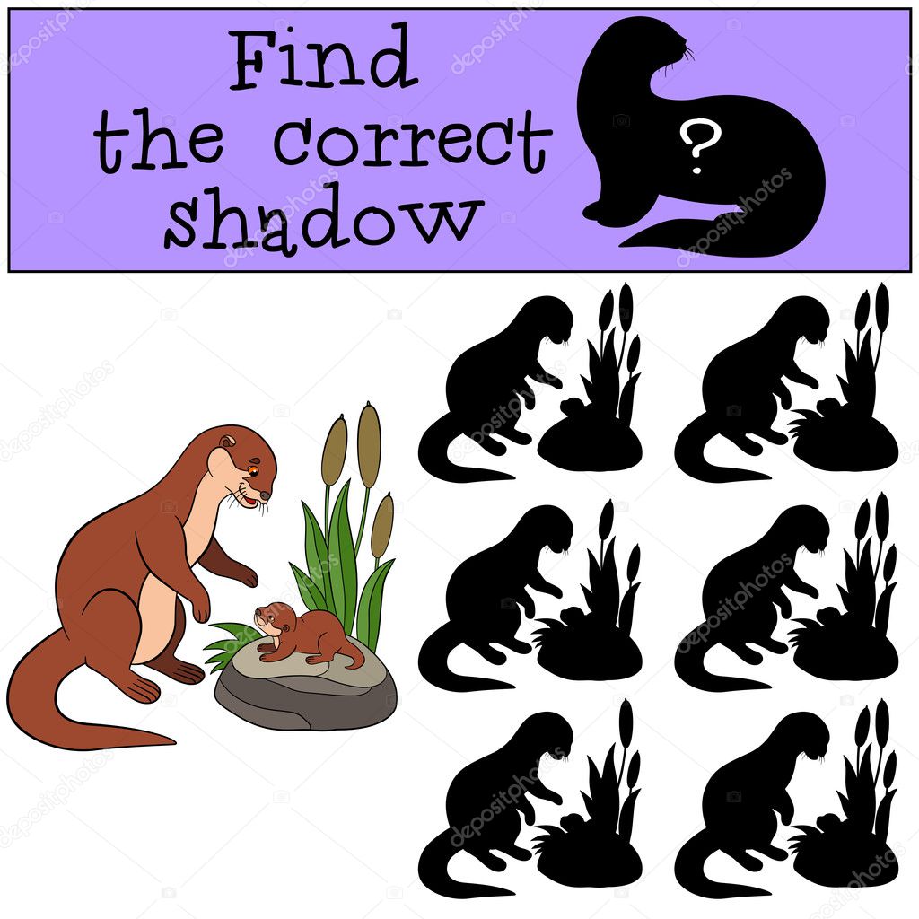 Educational game: Find the correct shadow. Mother otter with bab