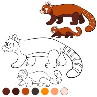 Boyama sayfası: red panda. Anne kırmızı panda bebek ile yürüyor.