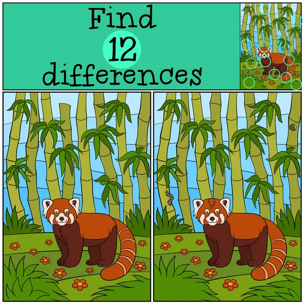 Educational game: Find differences. Little cute red panda smiles — Διανυσματικό Αρχείο