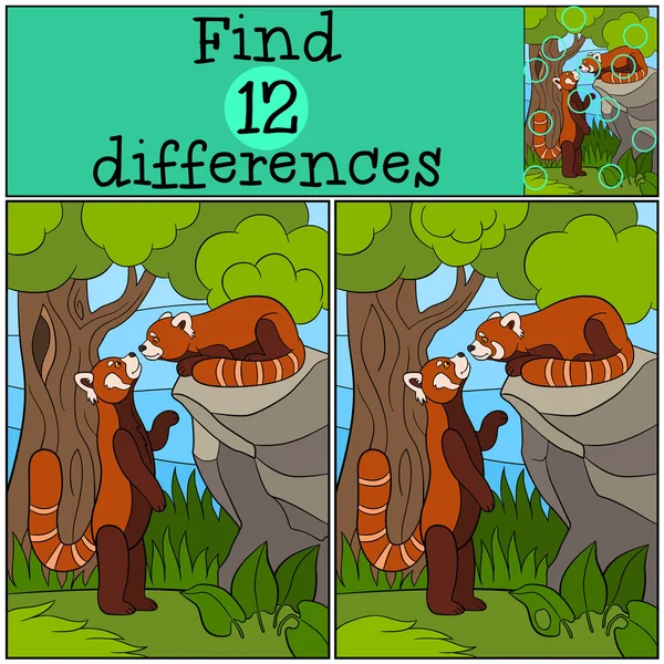 Gra edukacyjna: Znajdź różnice. Dwa małe słodkie Czerwone pandy. — Wektor stockowy