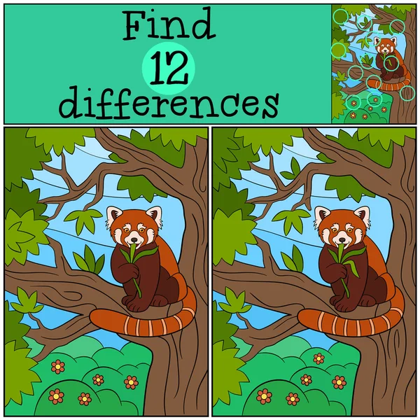 Juego educativo: Encuentra diferencias. Pequeño lindo panda rojo come . — Vector de stock