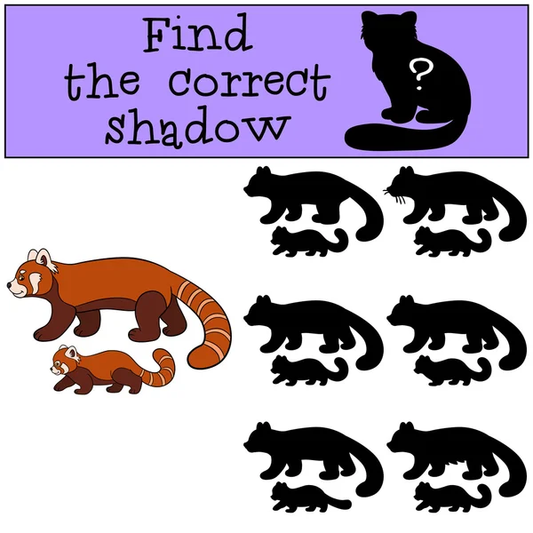 Lernspiel: Finden Sie den richtigen Schatten. Roter Panda mit Baby. — Stockvektor