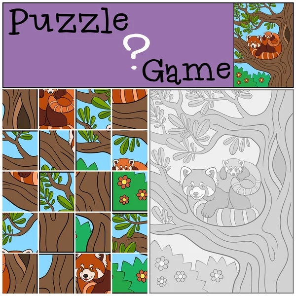 Juego de educación: Puzzle. Madre panda roja con bebé . — Vector de stock