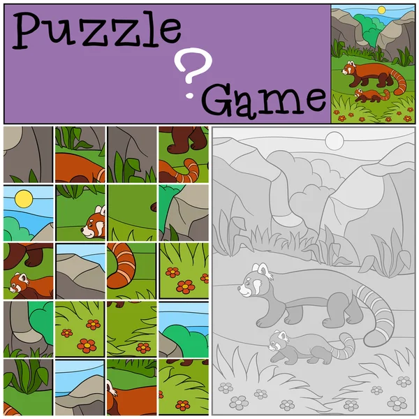 Juego de educación: Puzzle. Madre panda roja con su bebé . — Vector de stock