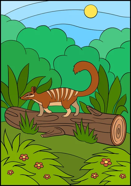 Animali dei cartoni animati. Un piccolo e simpatico numbat cammina sul tronco . — Vettoriale Stock