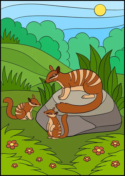 Cartoon animals. Mother numbat with her babies. — Διανυσματικό Αρχείο