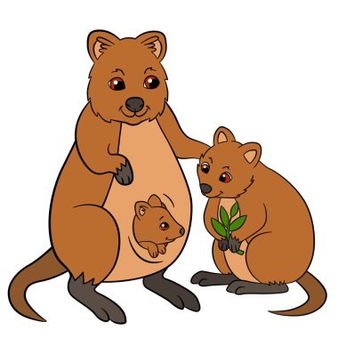 Karikatür hayvanlar. Şirin bebekleri ile anne quokka.