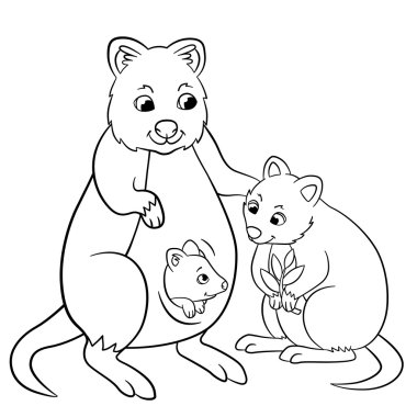 Boyama sayfaları. Küçük şirin bebekleri ile anne quokka.