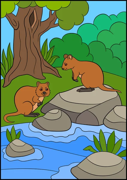 Cartoon animals. Two little cute quokkas in the forest. — Stock Vector