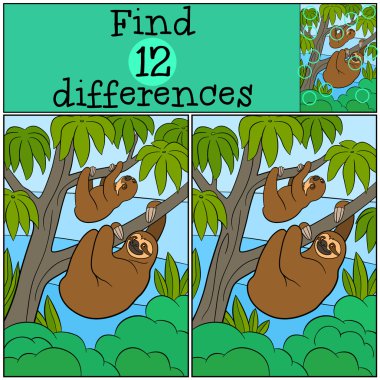 Eğitici bir oyun: bul farklılıklar. Onun bebek ile anne tembel hayvan.