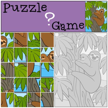 Eğitim oyun: Puzzle. Onun küçük şirin bebek ile anne tembel hayvan.