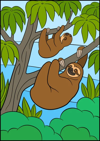 Cartoon animals. Mother sloth and her little cute baby. — Stock Vector