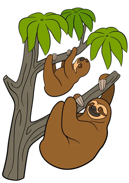 Cartoon animals. Mother sloth and her little cute baby. — Stock vektor