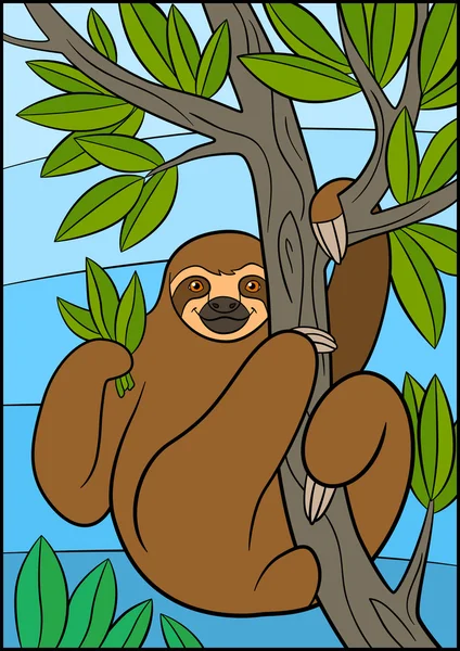 Cartoon animals. Cute lazy sloth hangs on the tree. — ストックベクタ