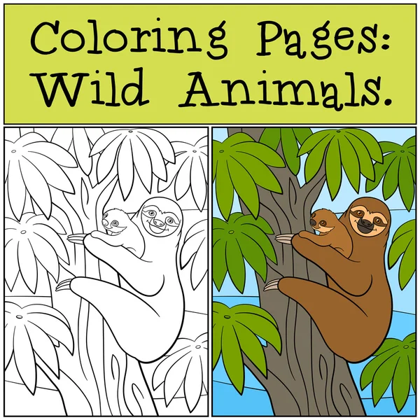 Розмальовки: Дикі тварини. Мати лінива зі своєю милою дитиною . — стоковий вектор