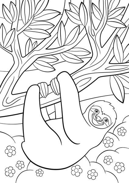 Coloring pages. Cute lazy sloth on the tree. — Stock Vector