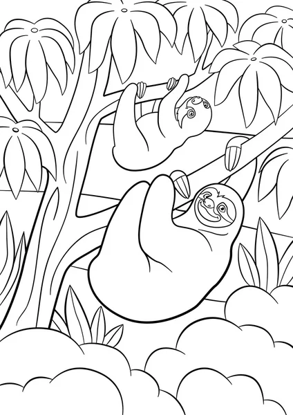 Coloring pages. Mother sloth with her little cute baby. — Stock vektor