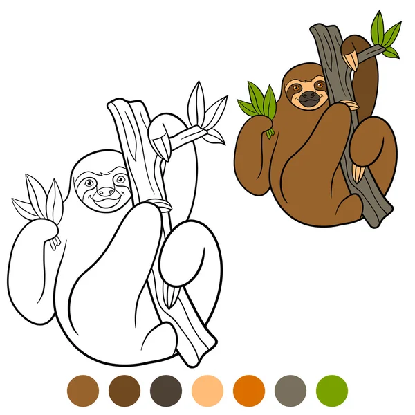 Coloring page. Cute lazy sloth hangs on the tree branch. — Stock vektor