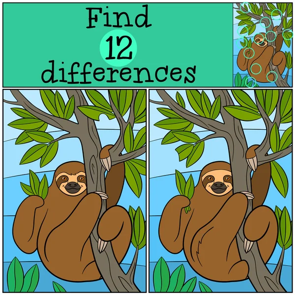 Educational game: Find differences. Cute lazy sloth. — Stock Vector