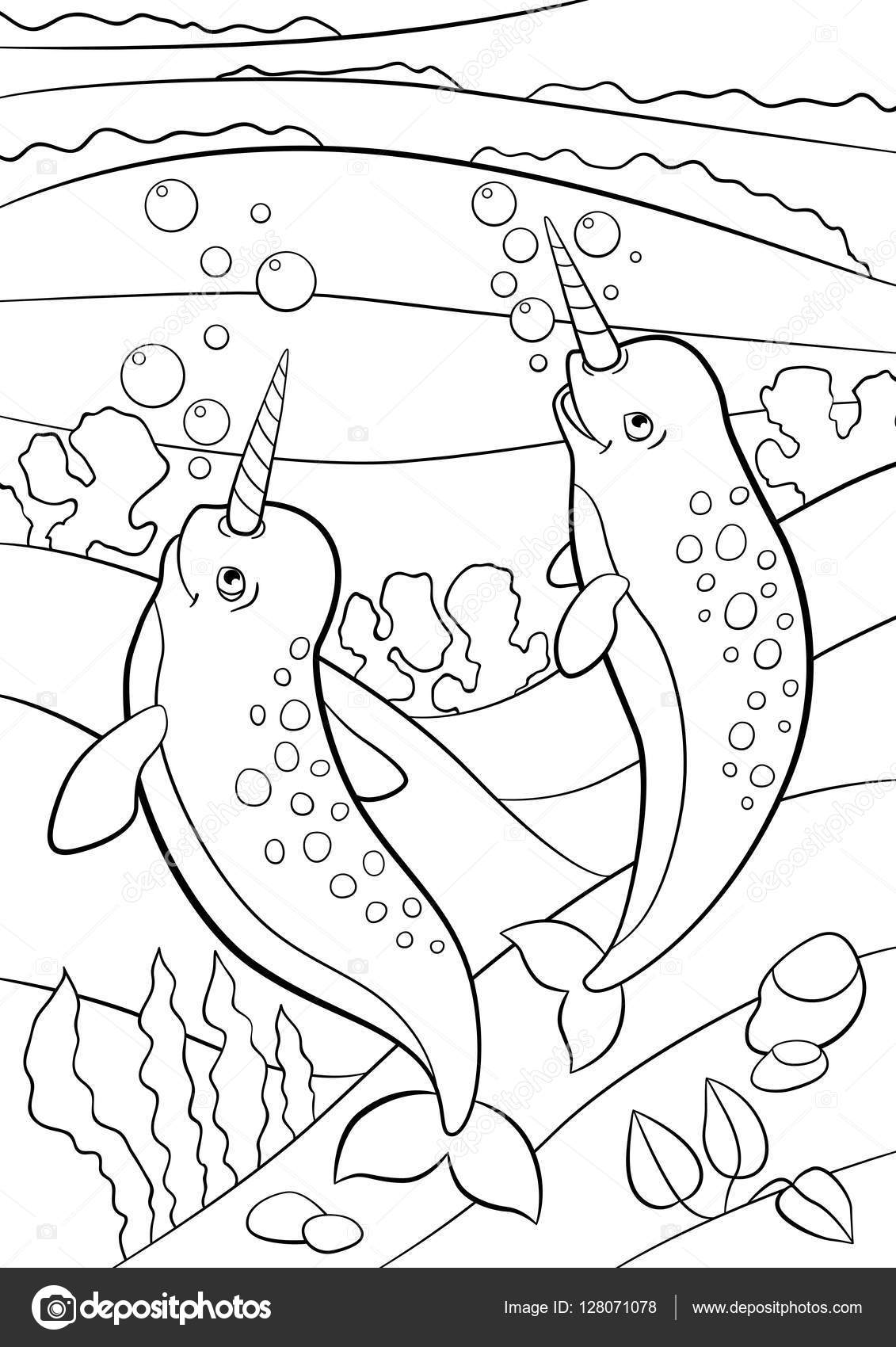 Coloring pages. Two little cute narwhals swim underwater. Stock ...