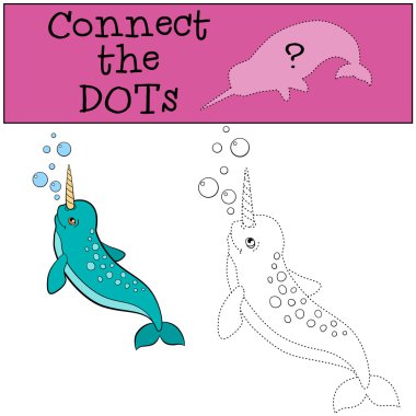 Eğitici bir oyun: noktalar bağlayın. Küçük şirin boynuzlu balina gülümsüyor.