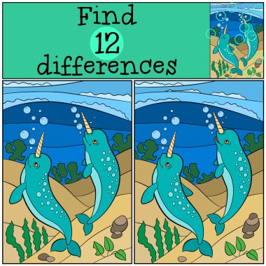 Educational game: Find differences. Two little cute narwhals smi clipart