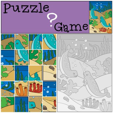 Eğitim oyun: Puzzle. İki küçük şirin narwhals yüzmek.