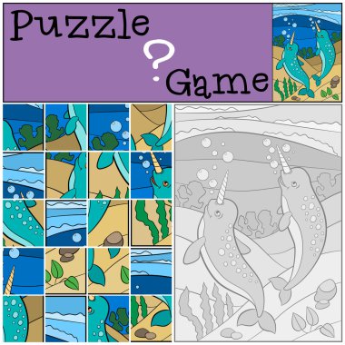 Eğitim oyun: Puzzle. İki küçük şirin narwhals gülümseme.