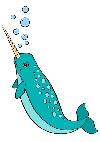 Cartoon animals. Little cute narwhal smiles. — Stock Vector