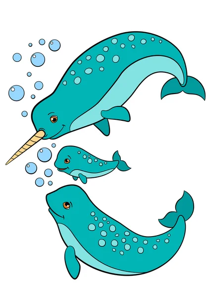 Cartoon animals. Mother, father and baby narwhal. — Stock Vector