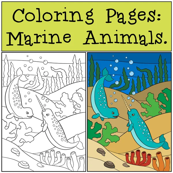 Окраска страниц: Морские животные. Два милых нарвала плавают . — стоковый вектор