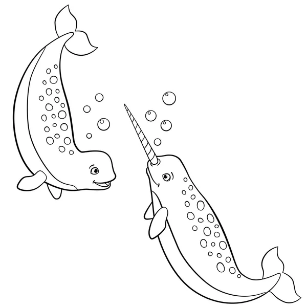 Coloring pages. Two little cute narwhals swim. — Stock vektor