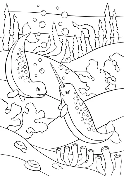 Coloring pages. Two little cute narwhals swim underwater. — Stockový vektor
