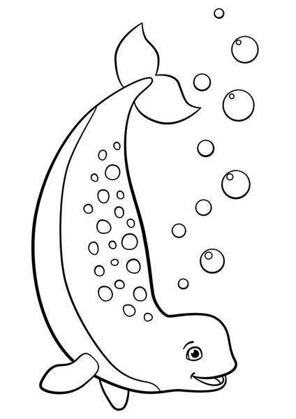Coloring pages. Little cute lady narwhal smiles. — Stock Vector