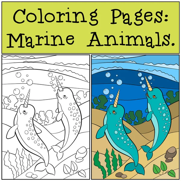Окраска страниц: Морские животные. Два милых нарвала плавают — стоковый вектор