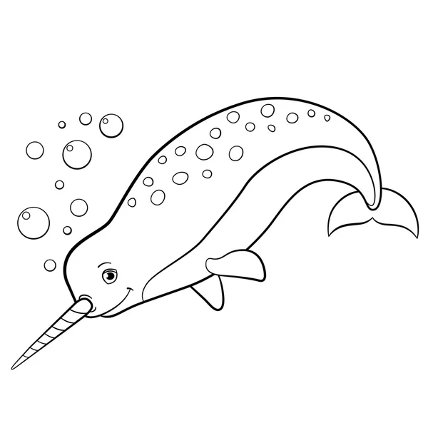 Coloring pages. Little cute narwhal swims. — Stock vektor