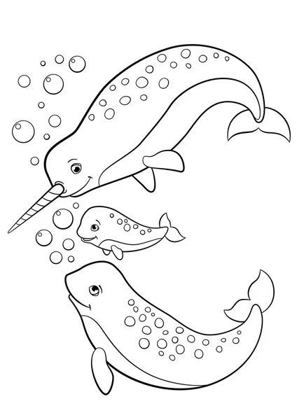 Coloring pages. Mother, father and baby narwhals. — Stock Vector